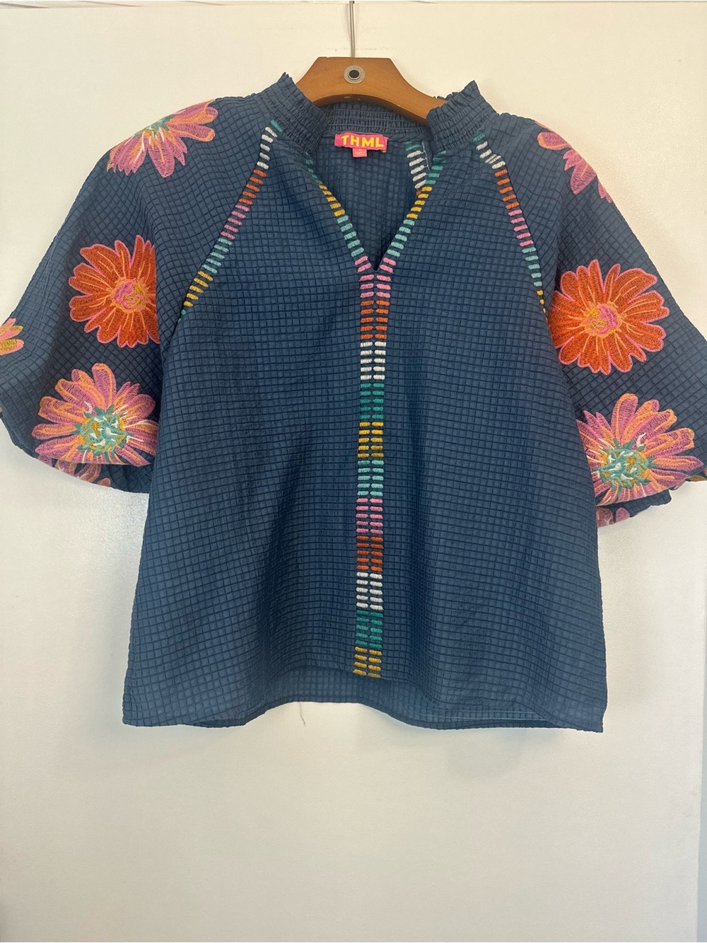 THML Navy Floral Embroidered Short Sleeve Blouse